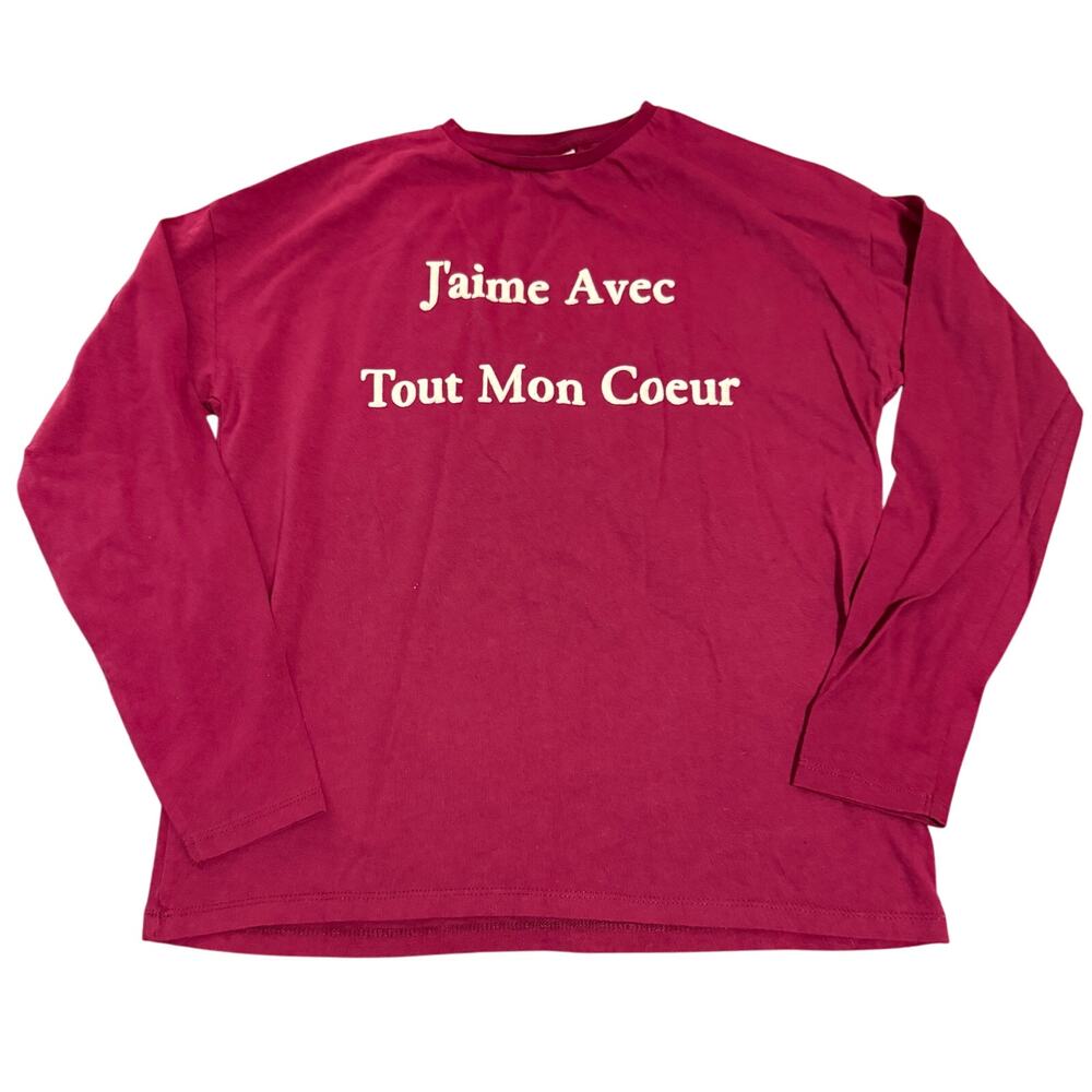 Zara‎ Girls Size 13/14 Maroon Long Sleeve Shirt Causal Crew Neck French Love